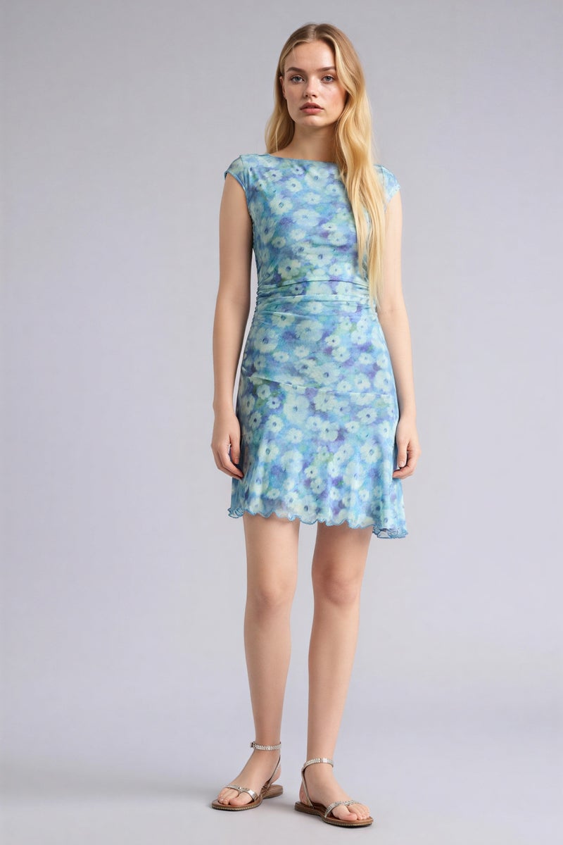DeFacto Blue Woman Crew Neck Floral Tulle Mini Dress Casual - Image 1